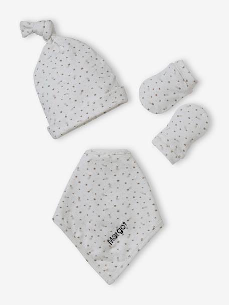 Vertbaudet - Ensemble bonnet + moufles + foulard + sac bébé fille imprimé personnalisable écru