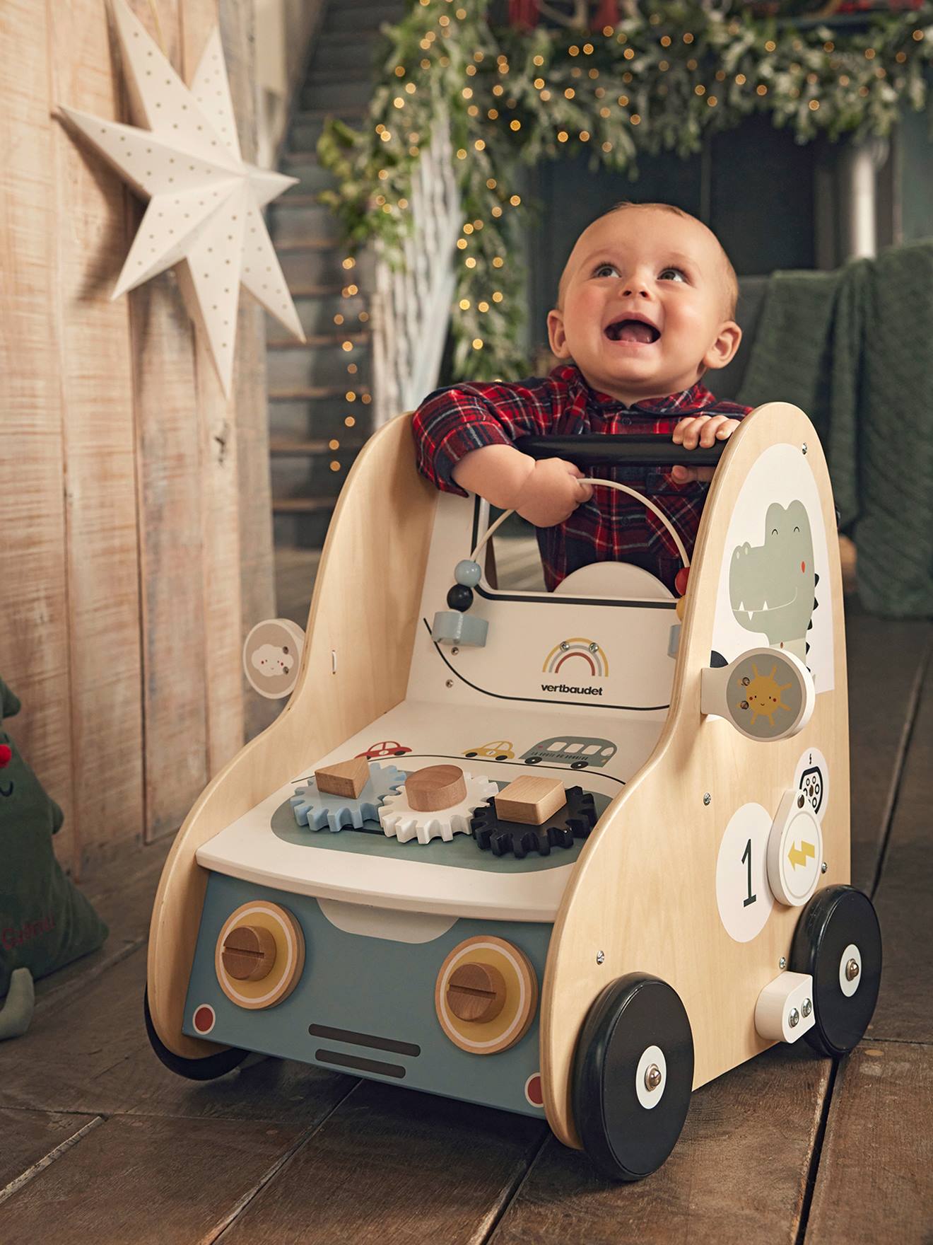 Vertbaudet - Chariot de marche avec freins EN VOITURE SIMON en bois FSC® multicolore