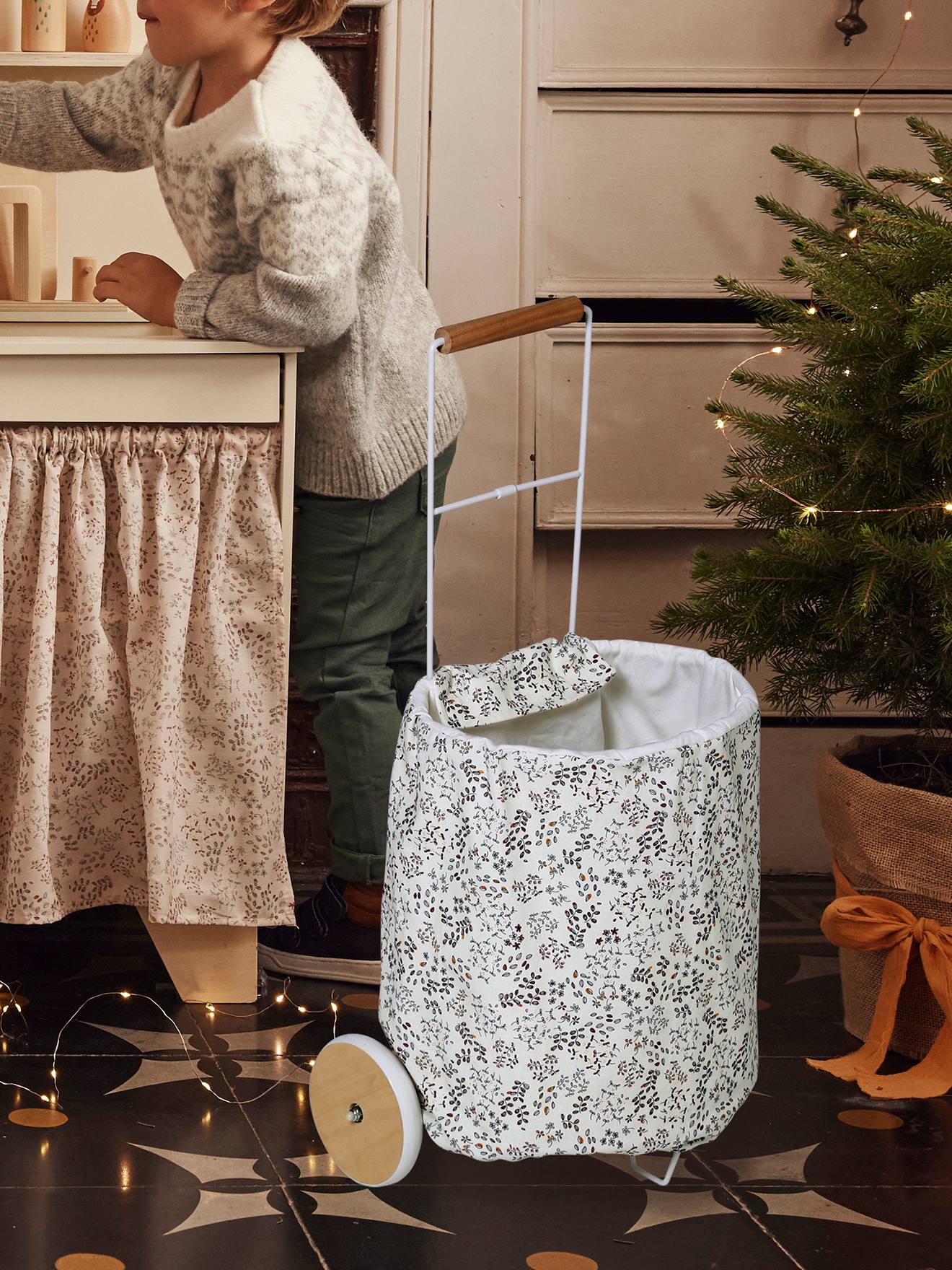 Panier de courses à roulettes en métal, tissu et bois FSC® gris
