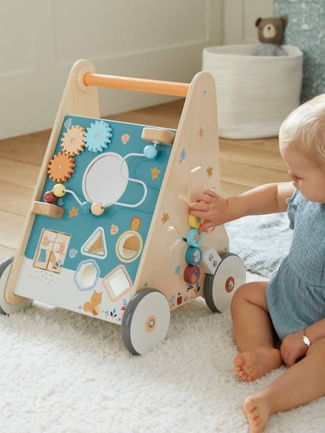 Chariot de marche avec freins en bois FSC® bois+rose+Vert 26 - vertbaudet enfant 