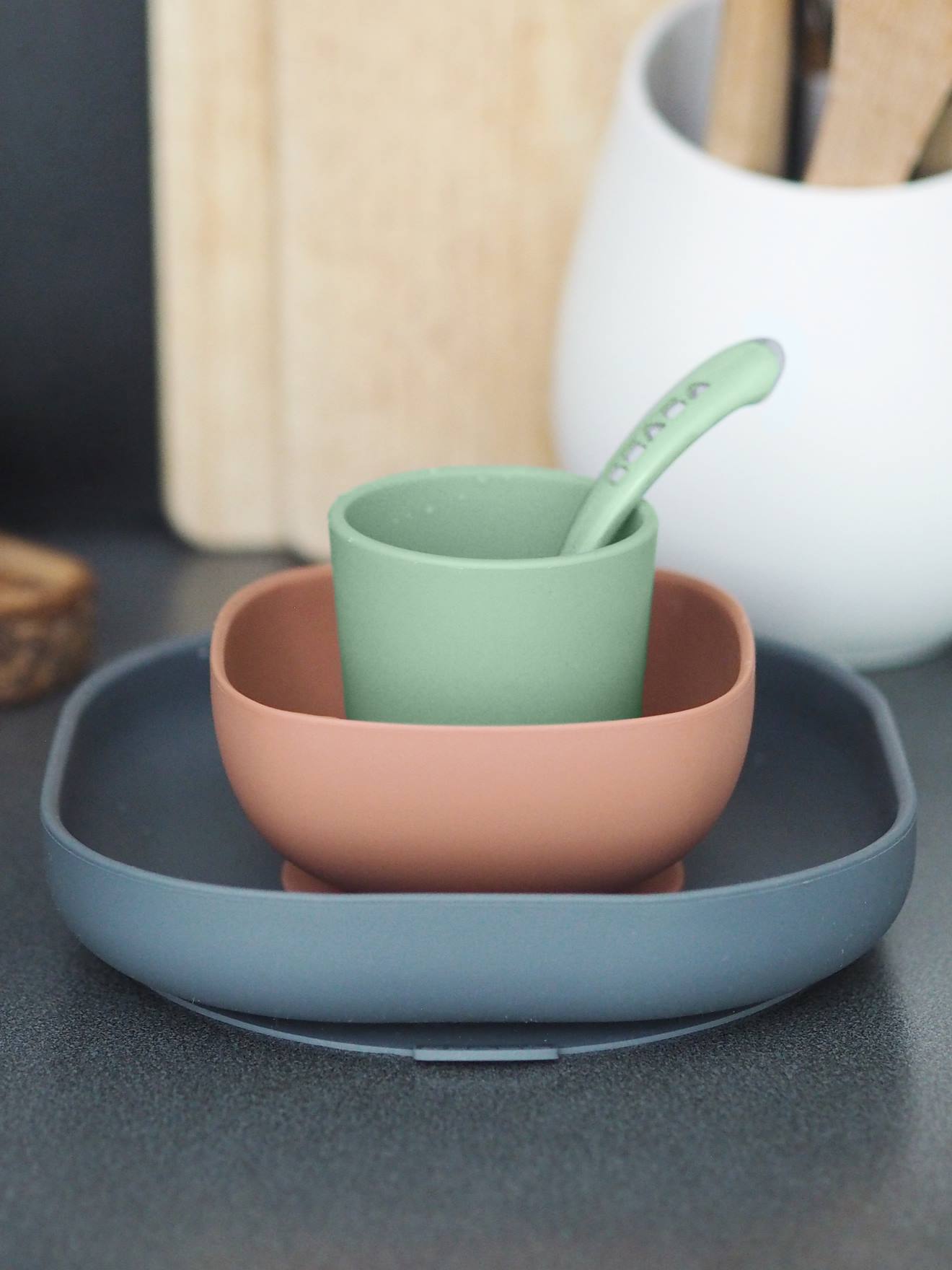 Set vaisselle 4 pièces silicone bleu