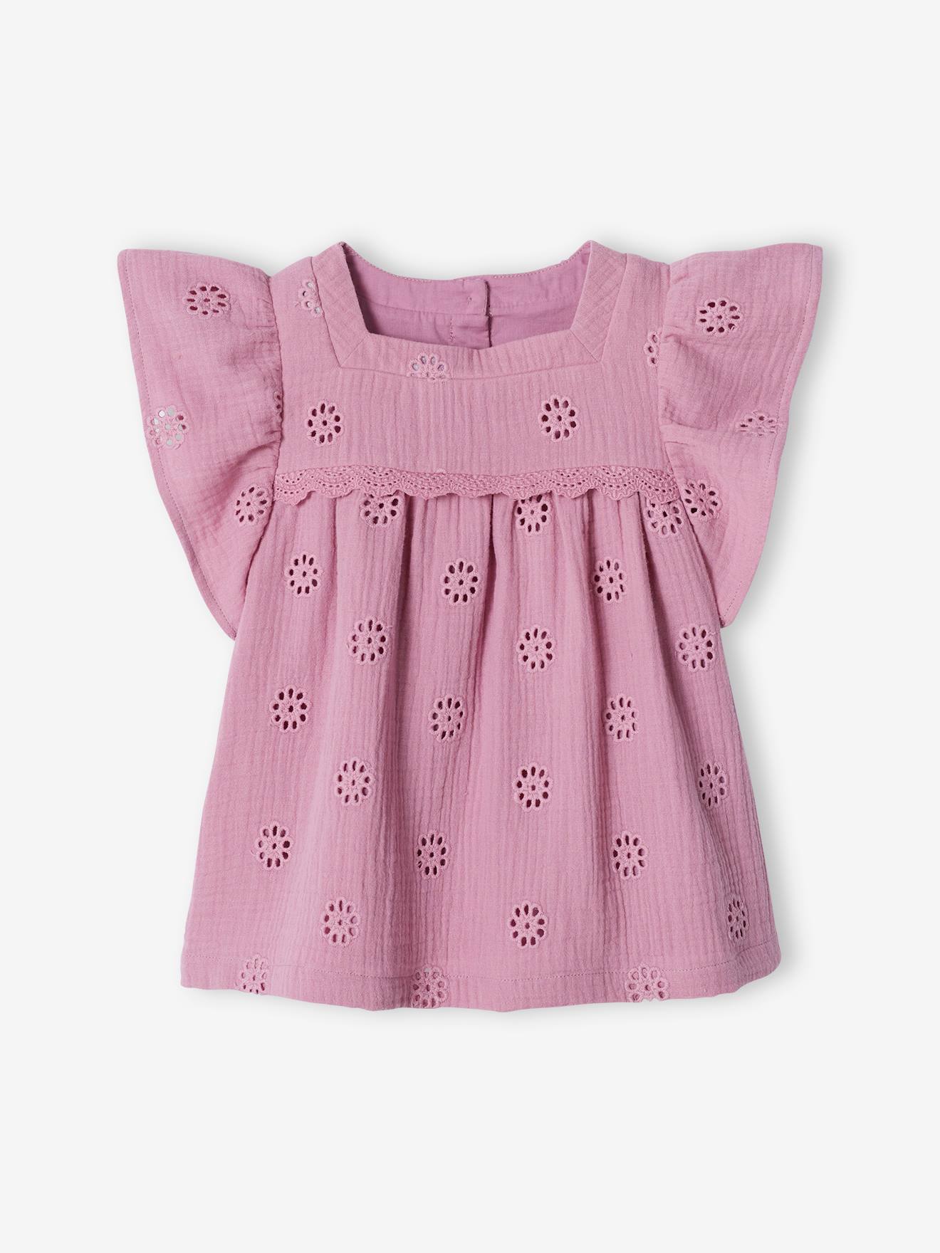 Blouse en gaze de coton brodée fleurs fille mauve