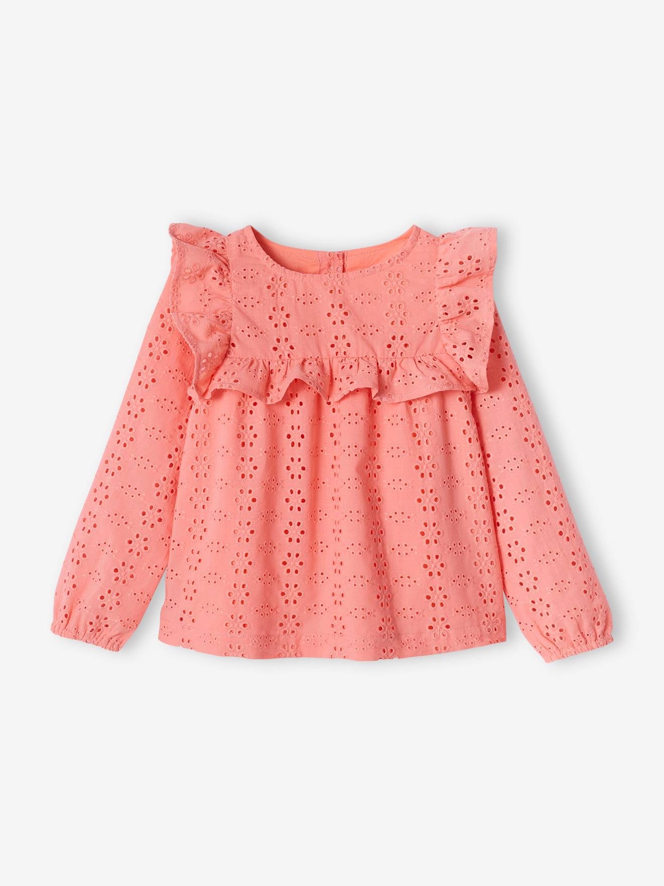 Blouse à volants en broderie anglaise fille corail