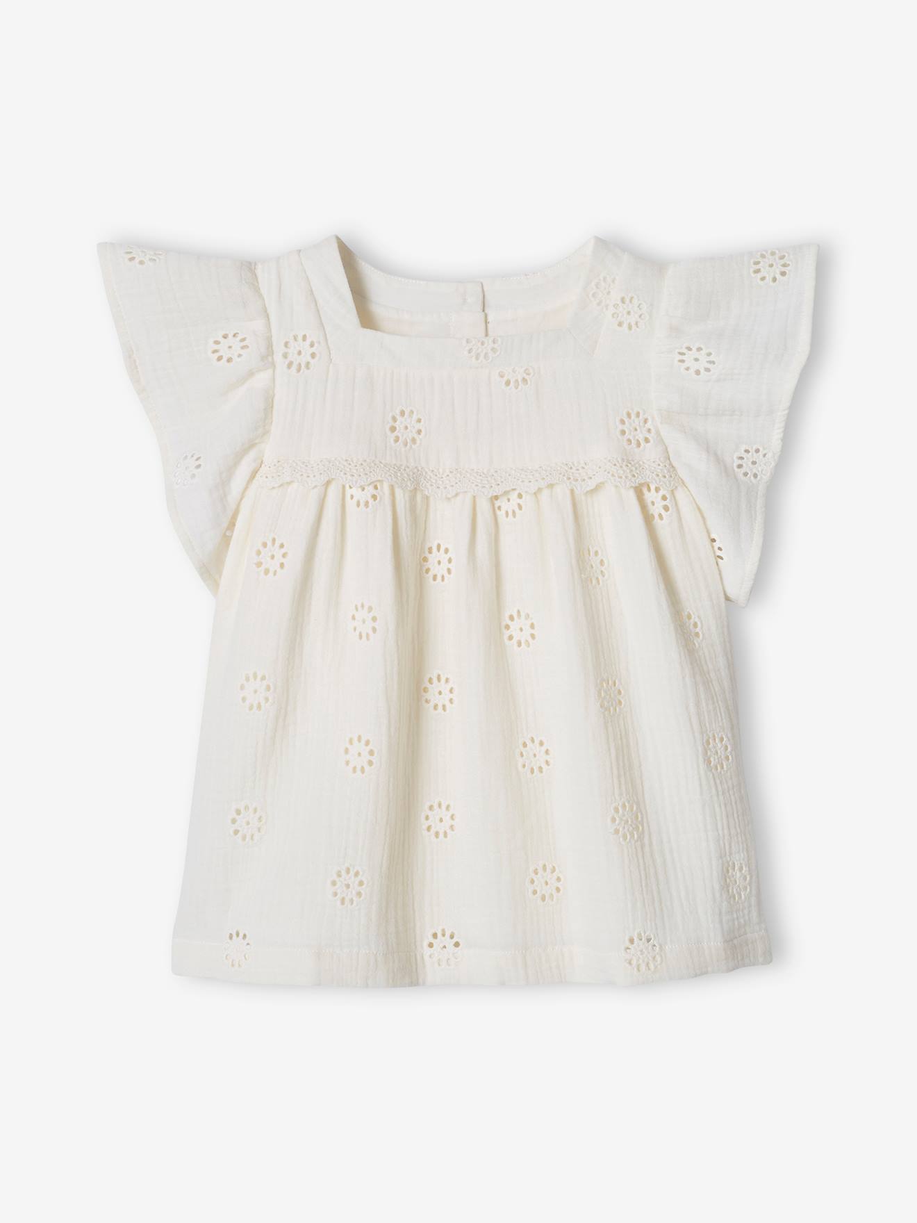 Blouse en gaze de coton brodée fleurs fille écru