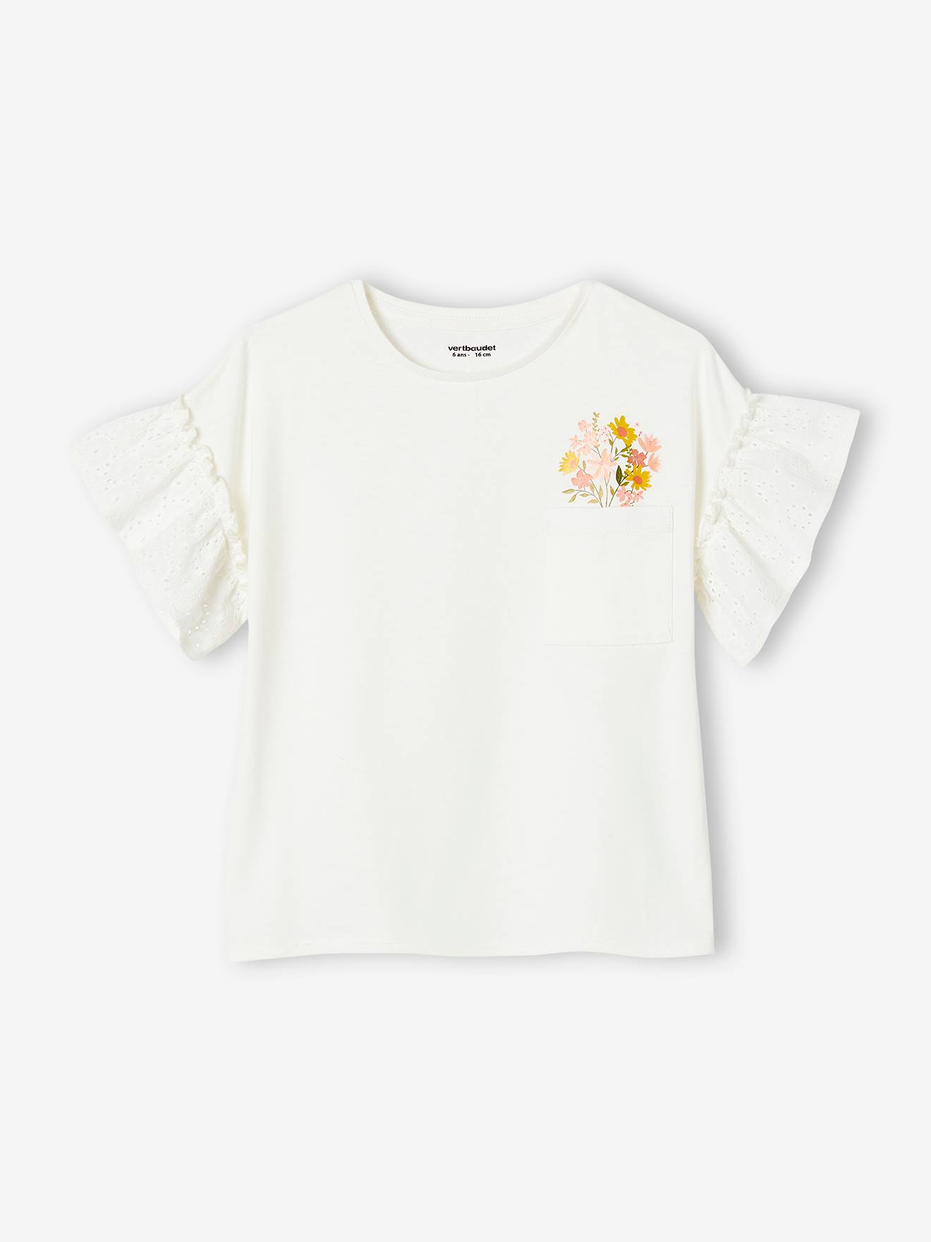 T-shirt manches à volants en broderie anglaise fille écru