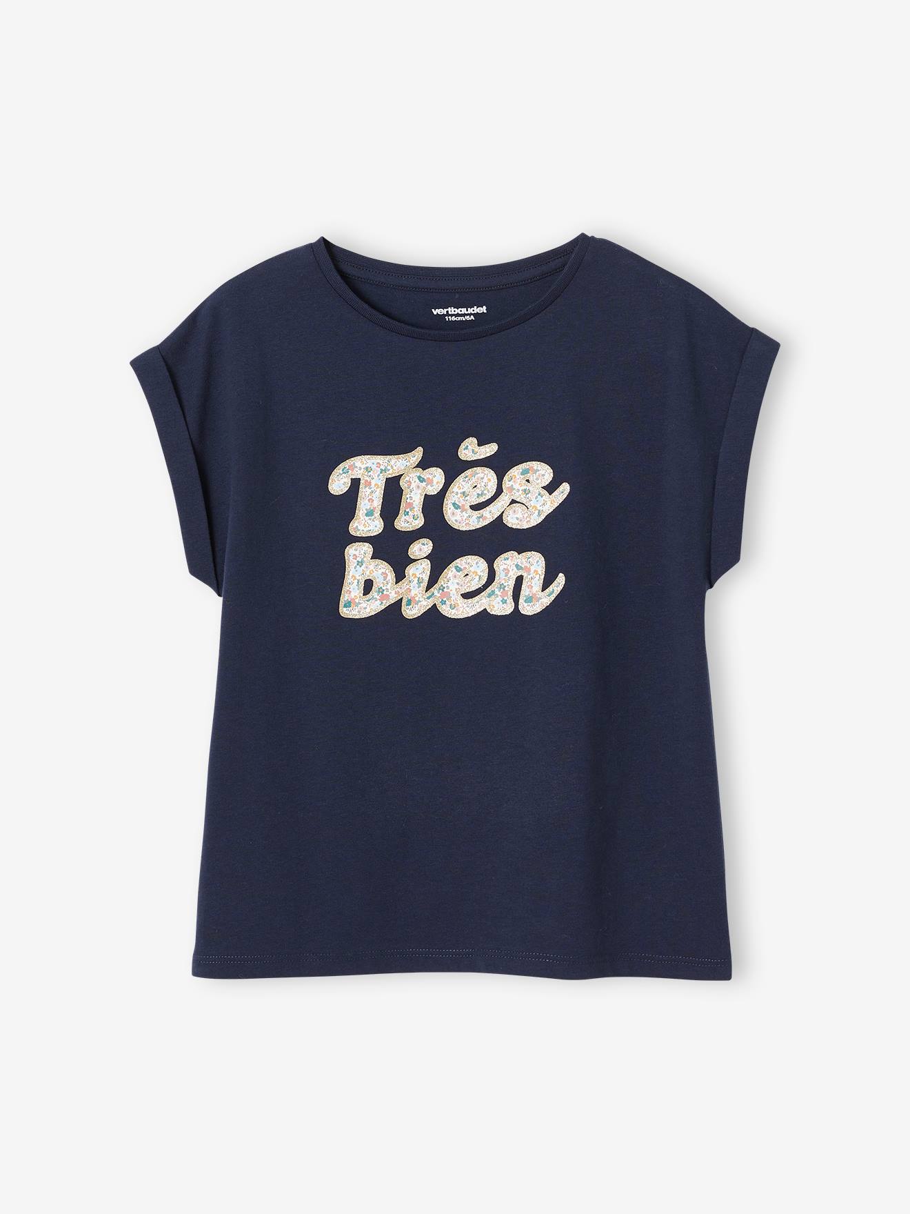 T-shirt à message motifs fleurs fille marine