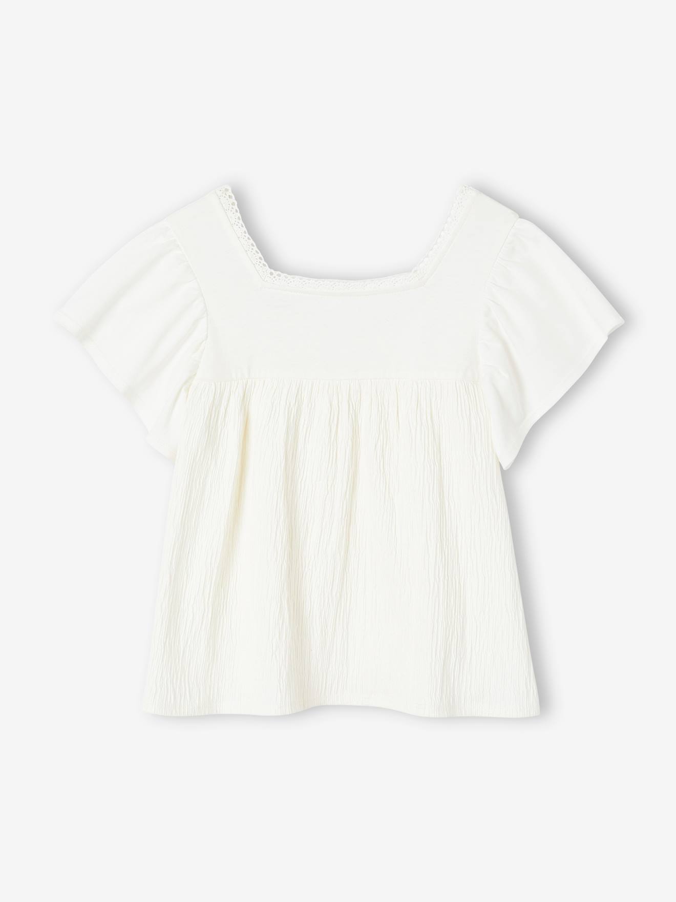 T-shirt blouse bi-matière fille écru