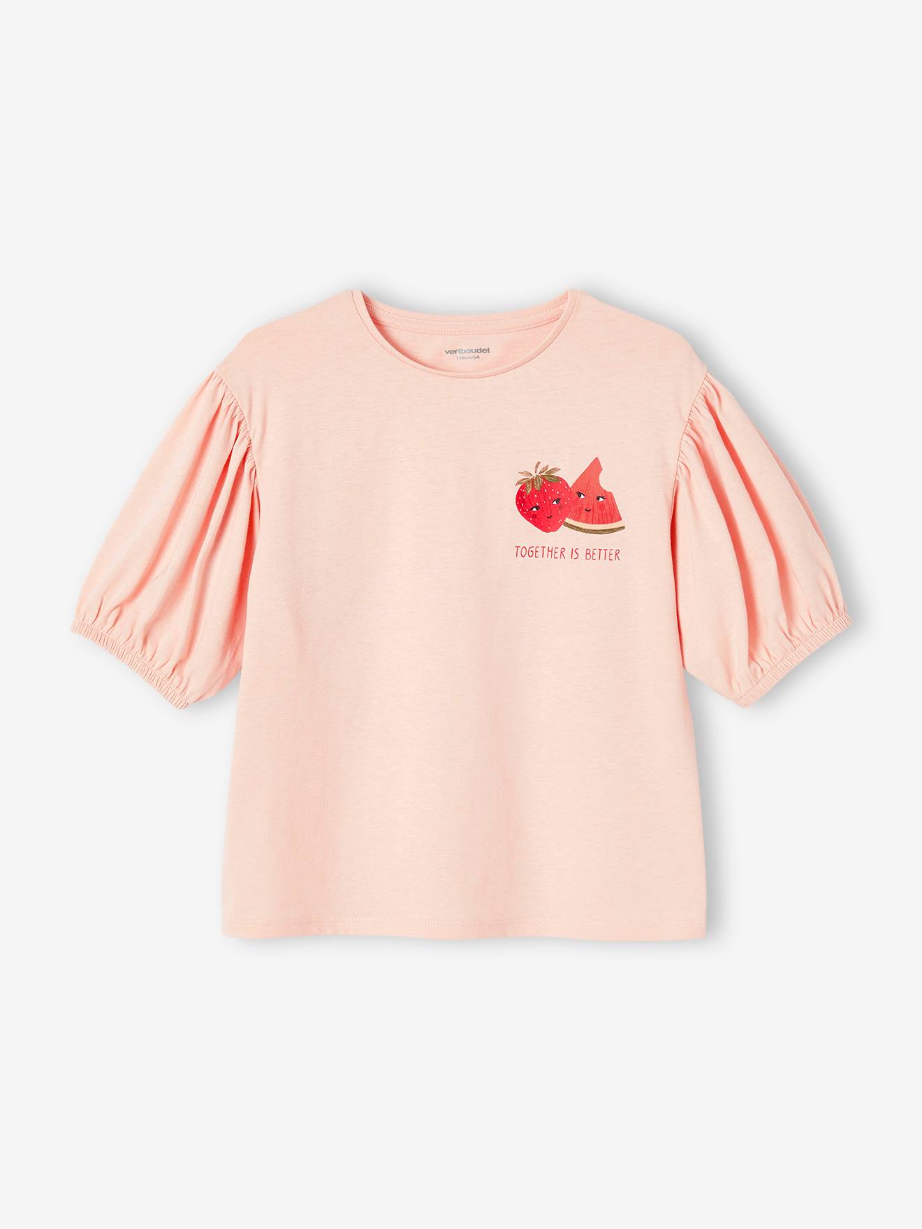 Vertbaudet - T-shirt manches boules fille motif fruit poitrine rose pâle