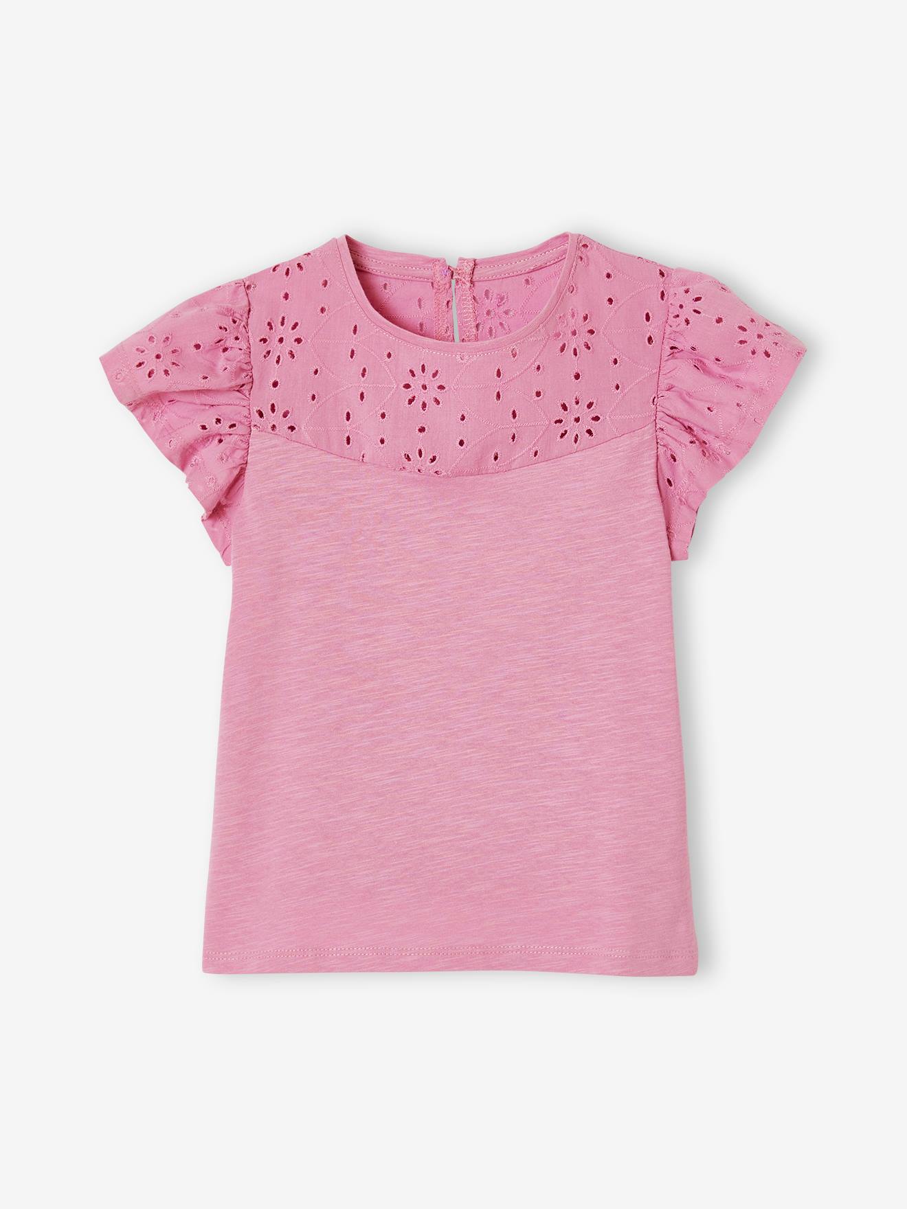 T-shirt fille avec détails broderie anglaise mauve