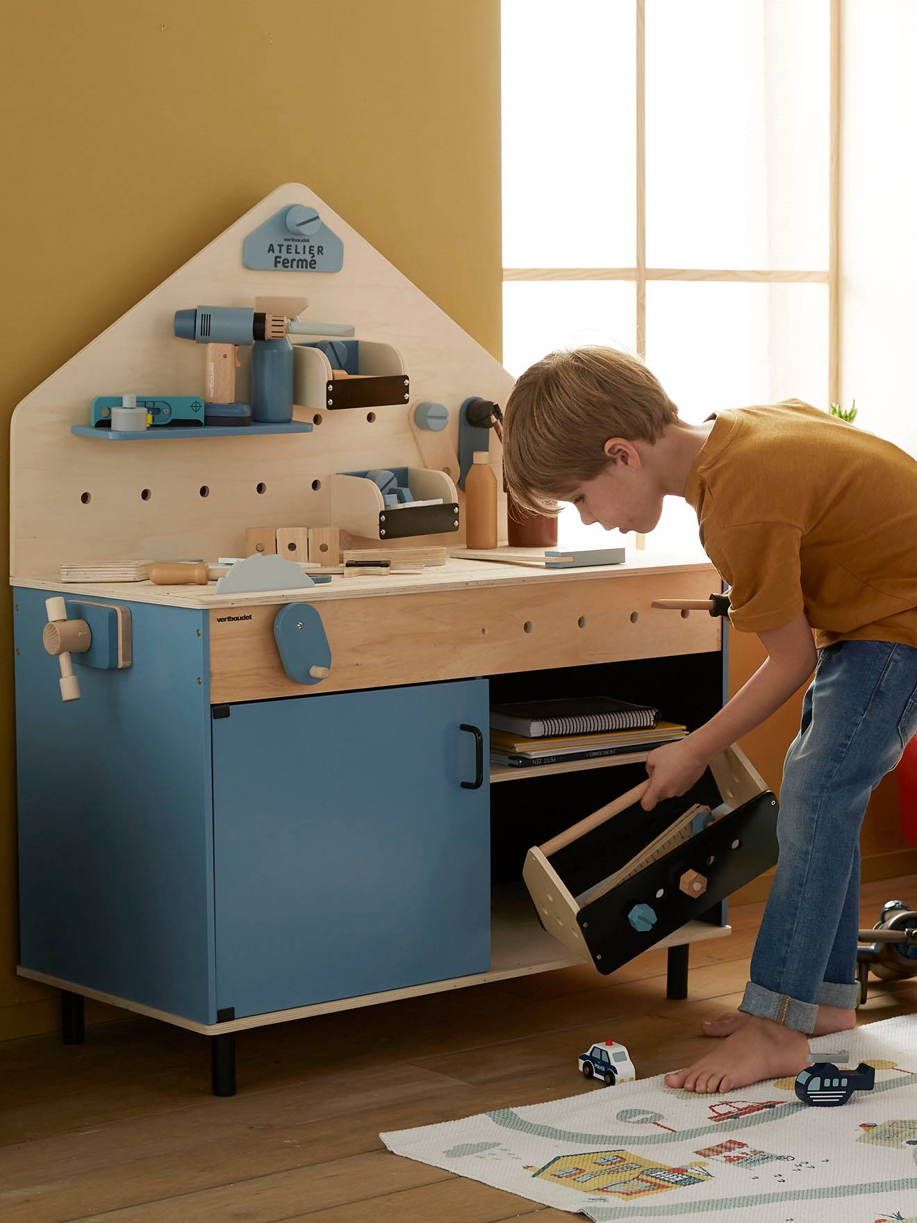 Grand établi de bricolage en bois FSC® et métal bleu