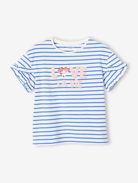 Tee-shirt rayé avec coeur en sequins fille écru rayé+marine+rayé bleu 14 - vertbaudet enfant 