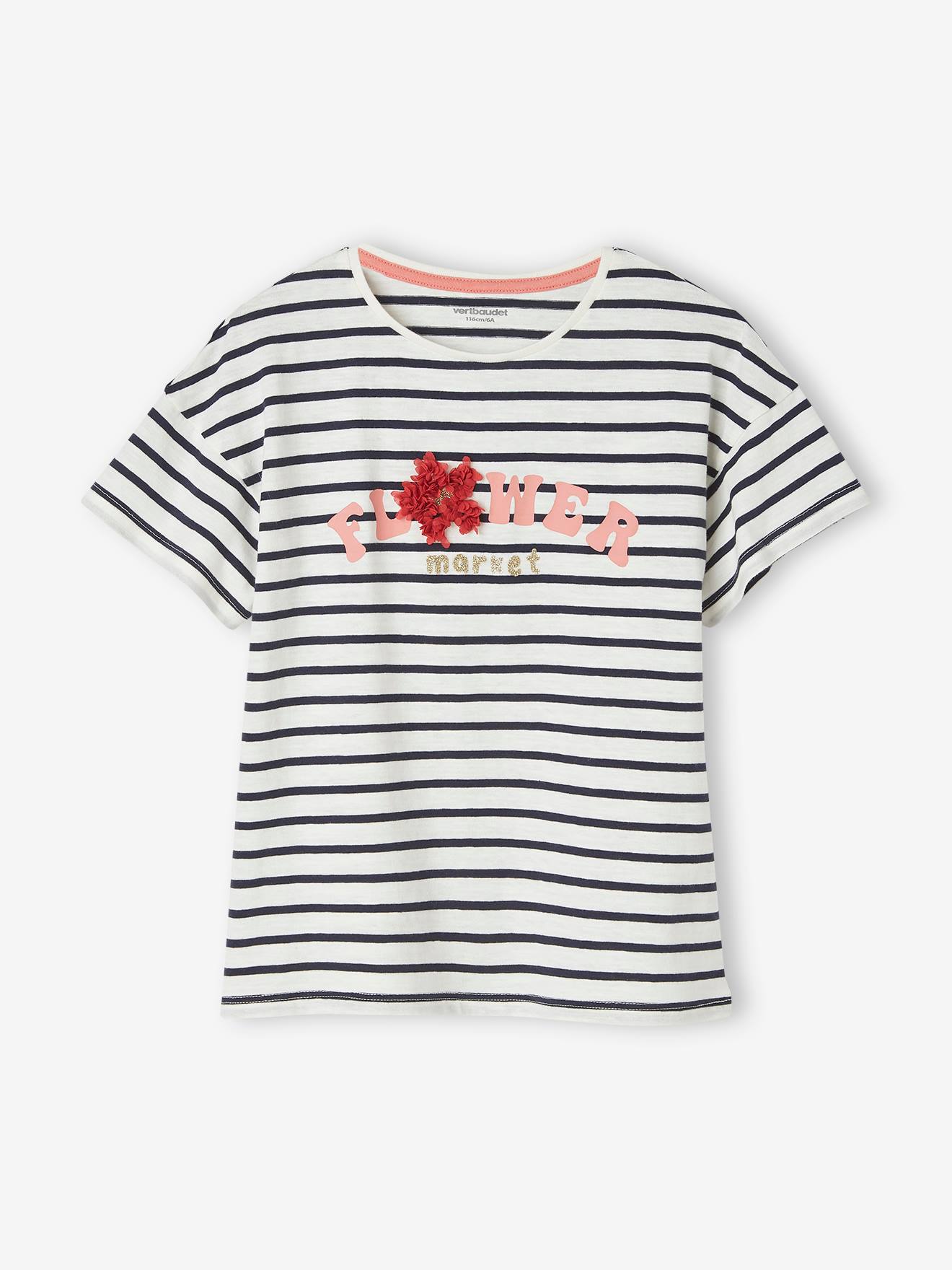 T-shirt fille animation relief et détails irisés fille rayé marine