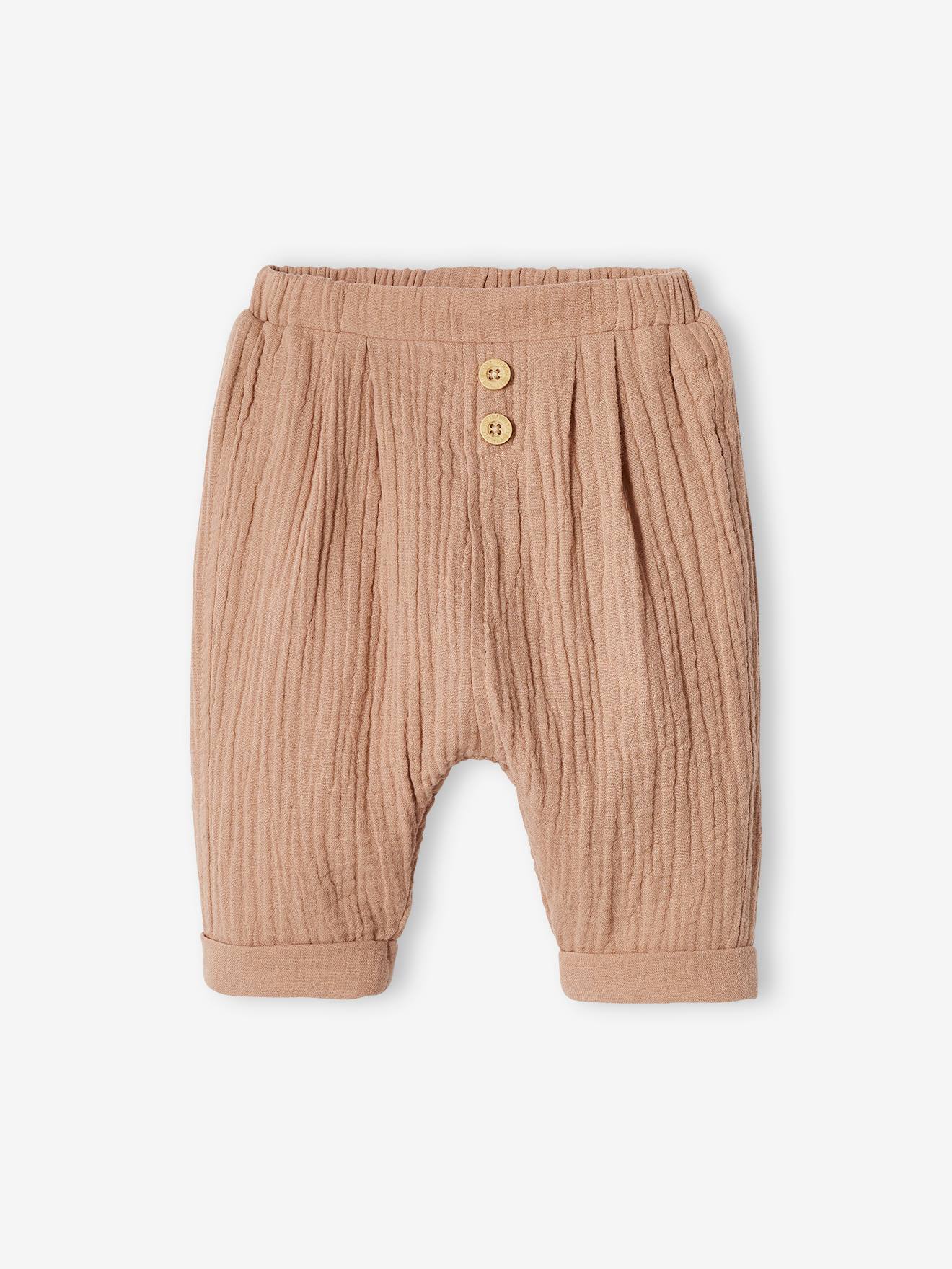 Pantalon bébé mixte coupe sarouel en gaze de coton cappuccino