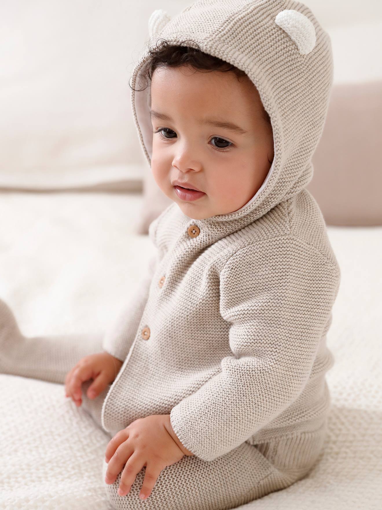 Ensemble naissance 3 pièces en point mousse beige chiné (Vertbaudet) - Image 1
