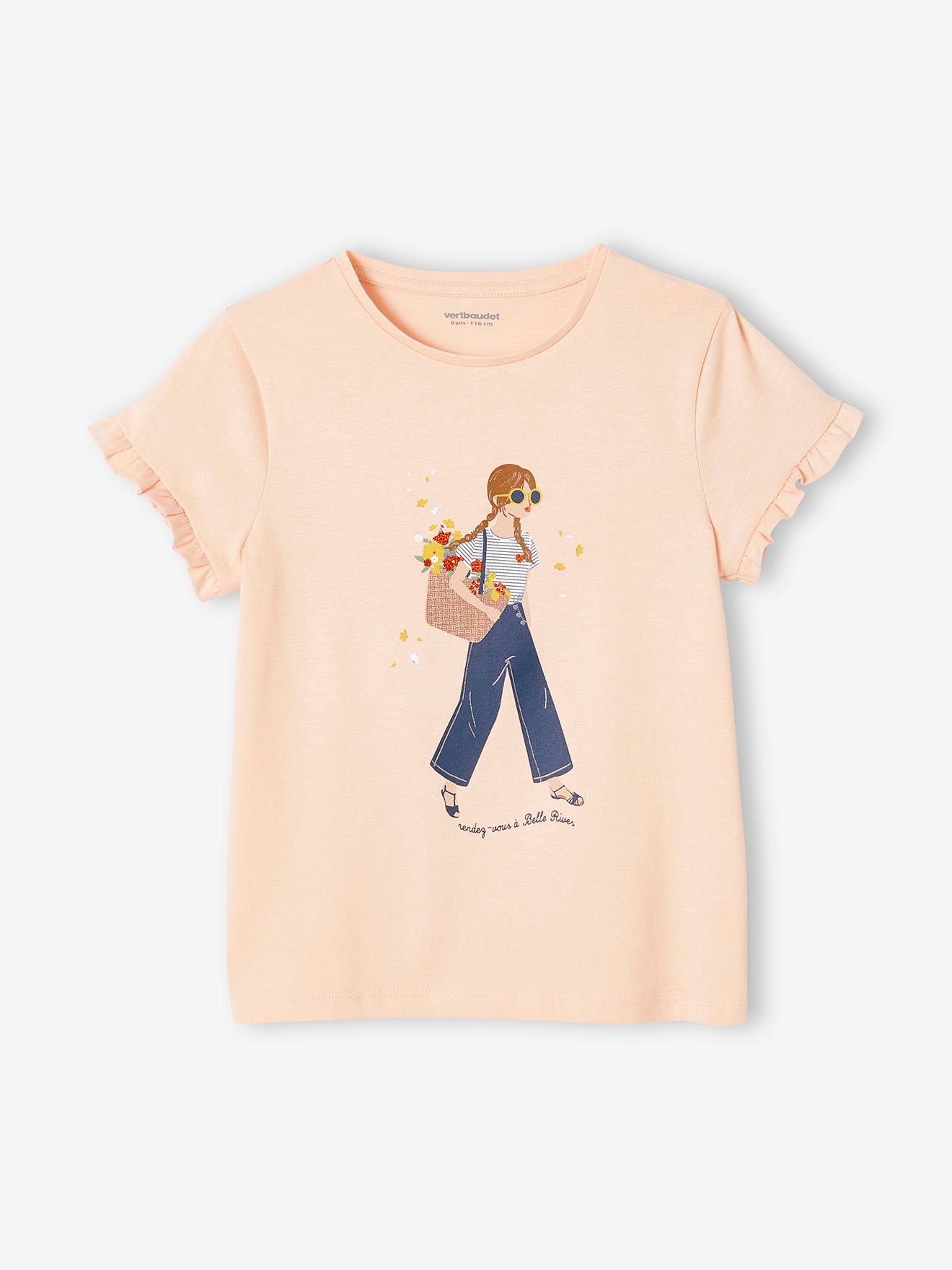 Tee-shirt Egérie fille manches courtes volantées rose pâle