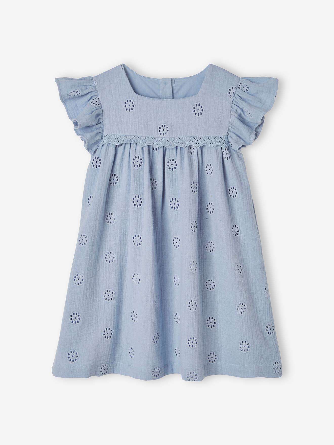 Robe cérémonie en broderie anglaise fille gaze de coton bleu pâle