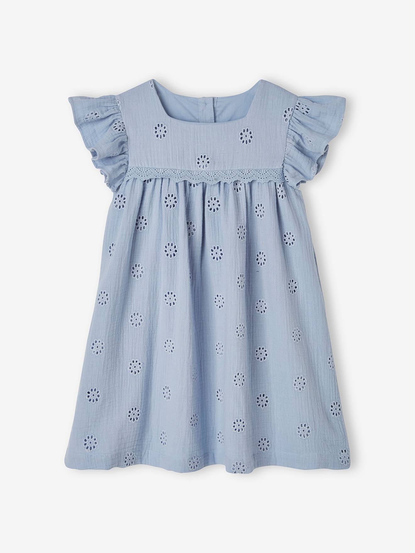 Robe fille gaze de coton brode fleurs bleu ple 16 €