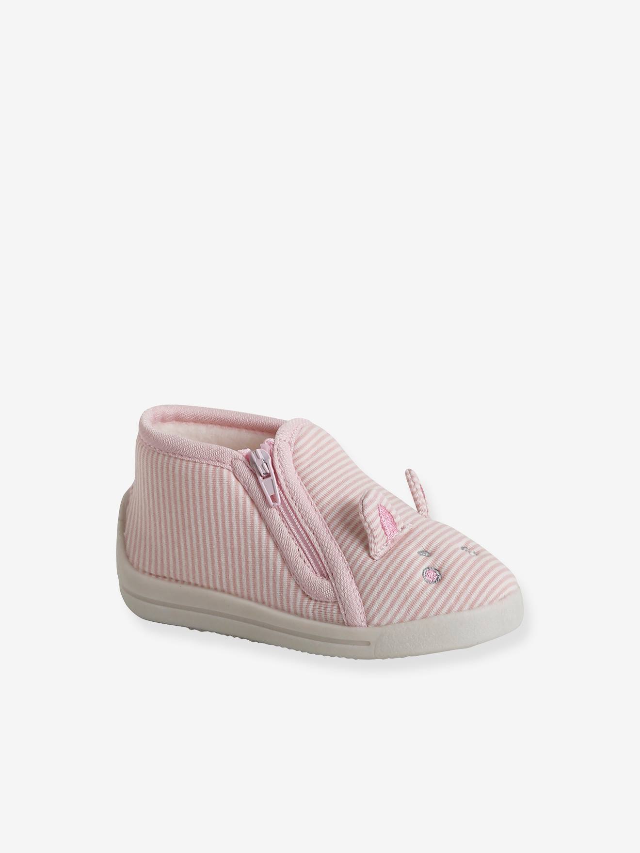 Chaussons zippés bébé en toile rayé rose
