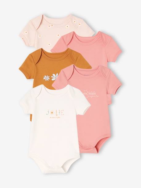 Vertbaudet - Lot de 5 bodies marguerites manches courtes bébé ouverture US rose pâle