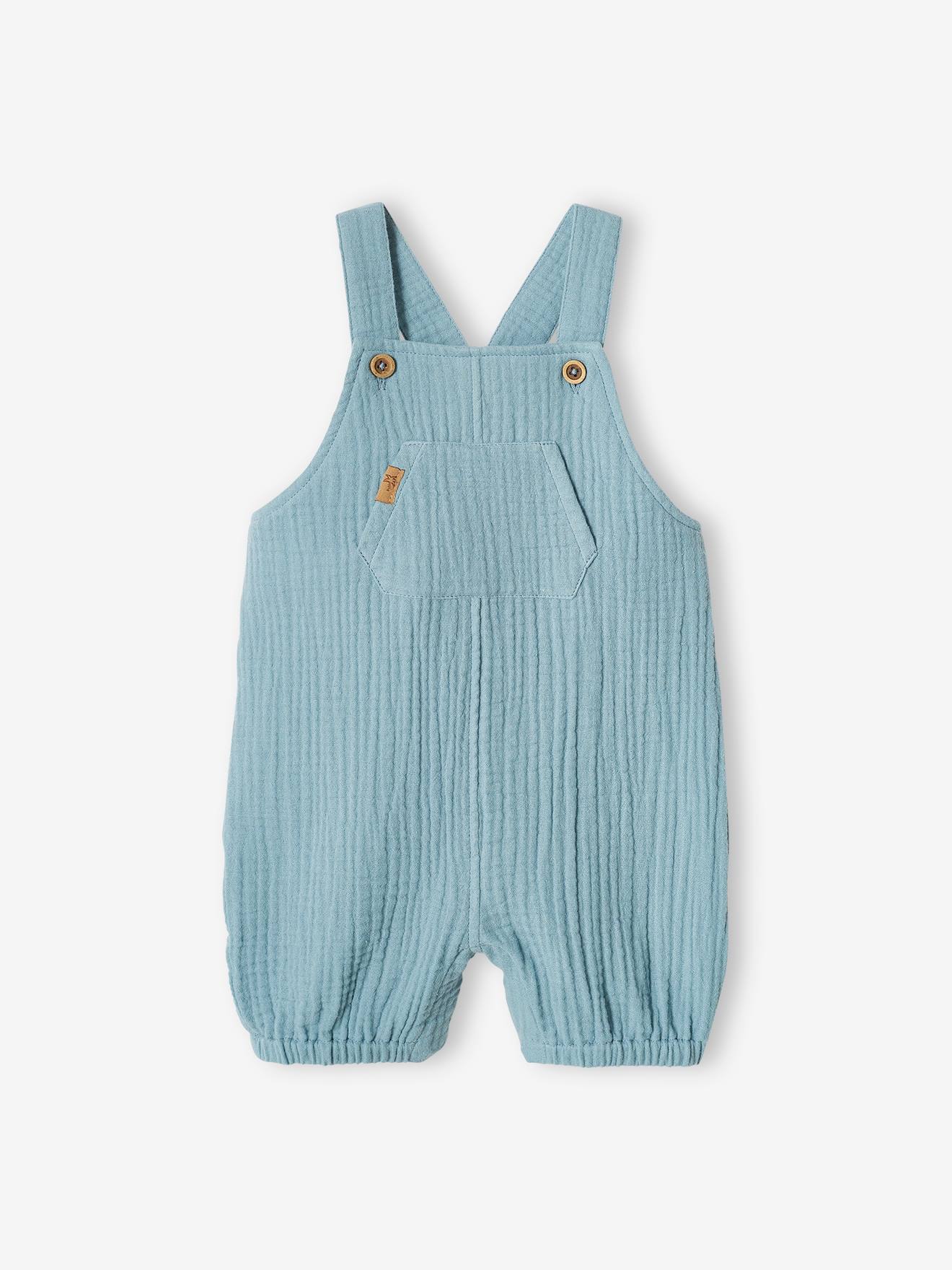 Salopette bébé naissance en gaze de coton denim bleached
