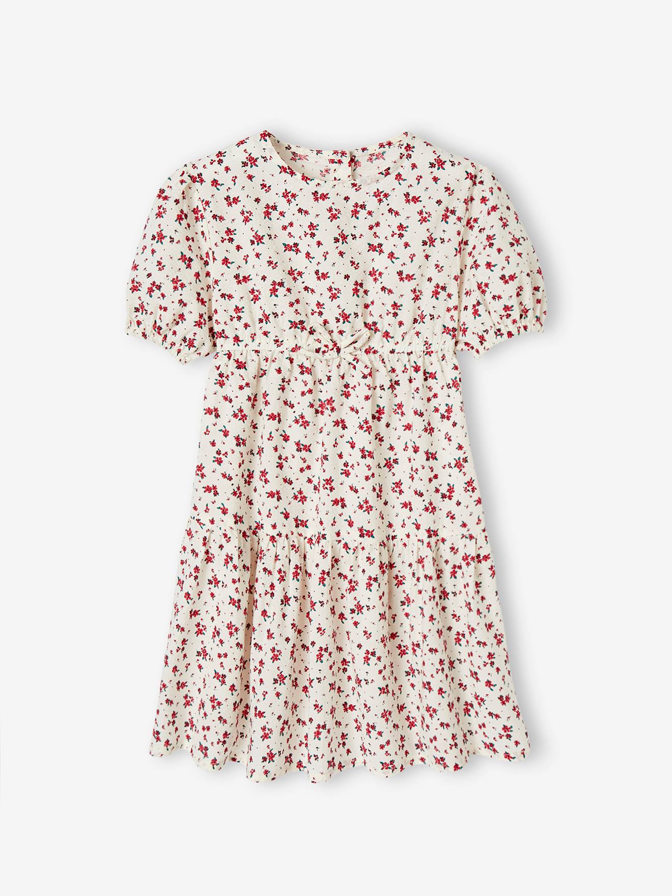 Robe à volant fille manches 3/4 écru
