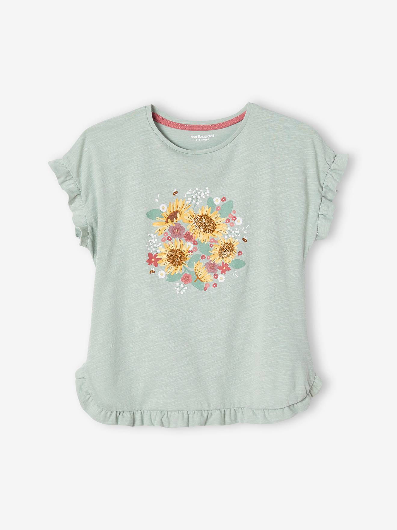 Vertbaudet - Tee-shirt volanté motif à sequins fille vert d'eau