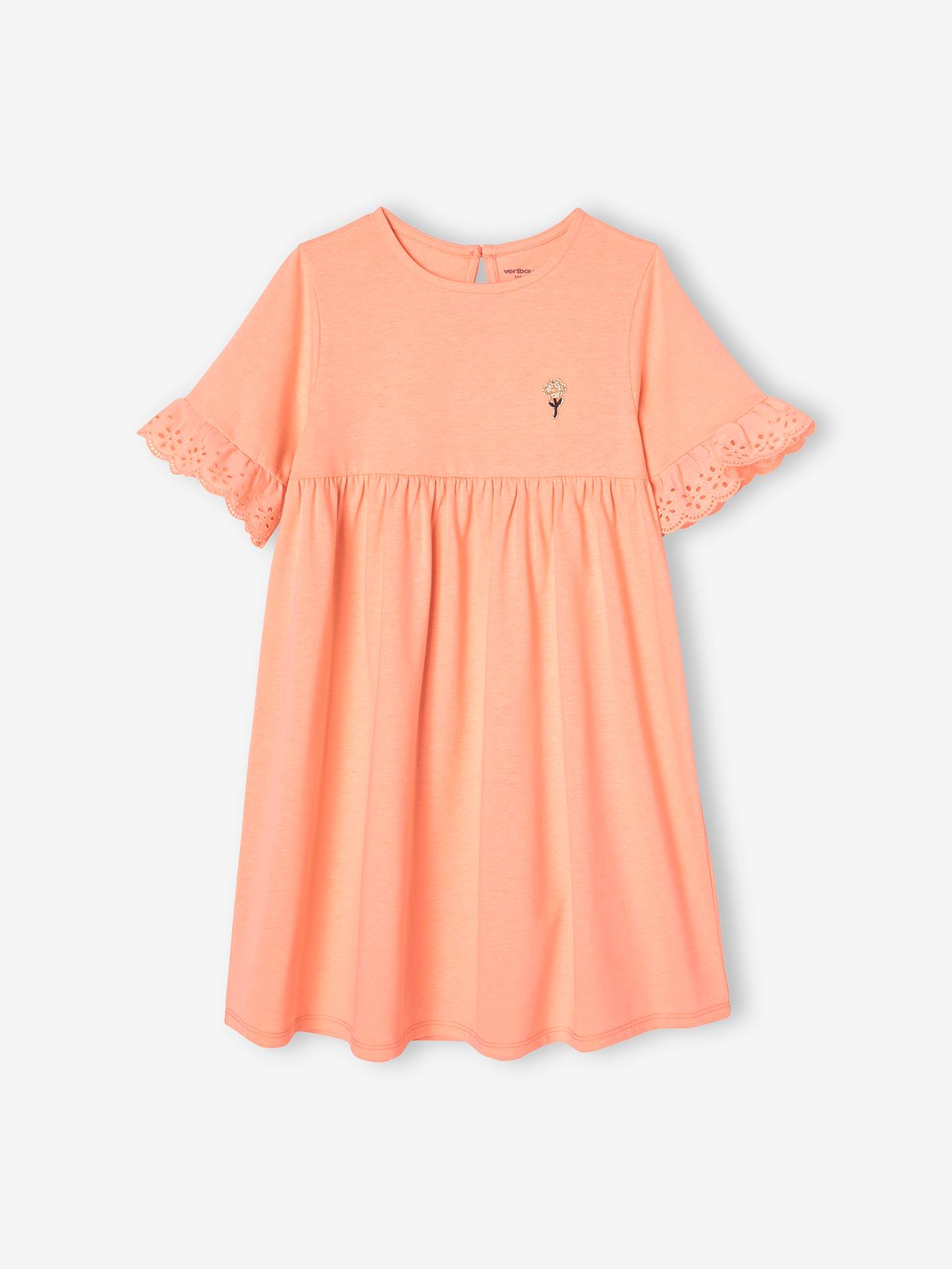 Robe manches courtes en broderie anglaise fille pêche