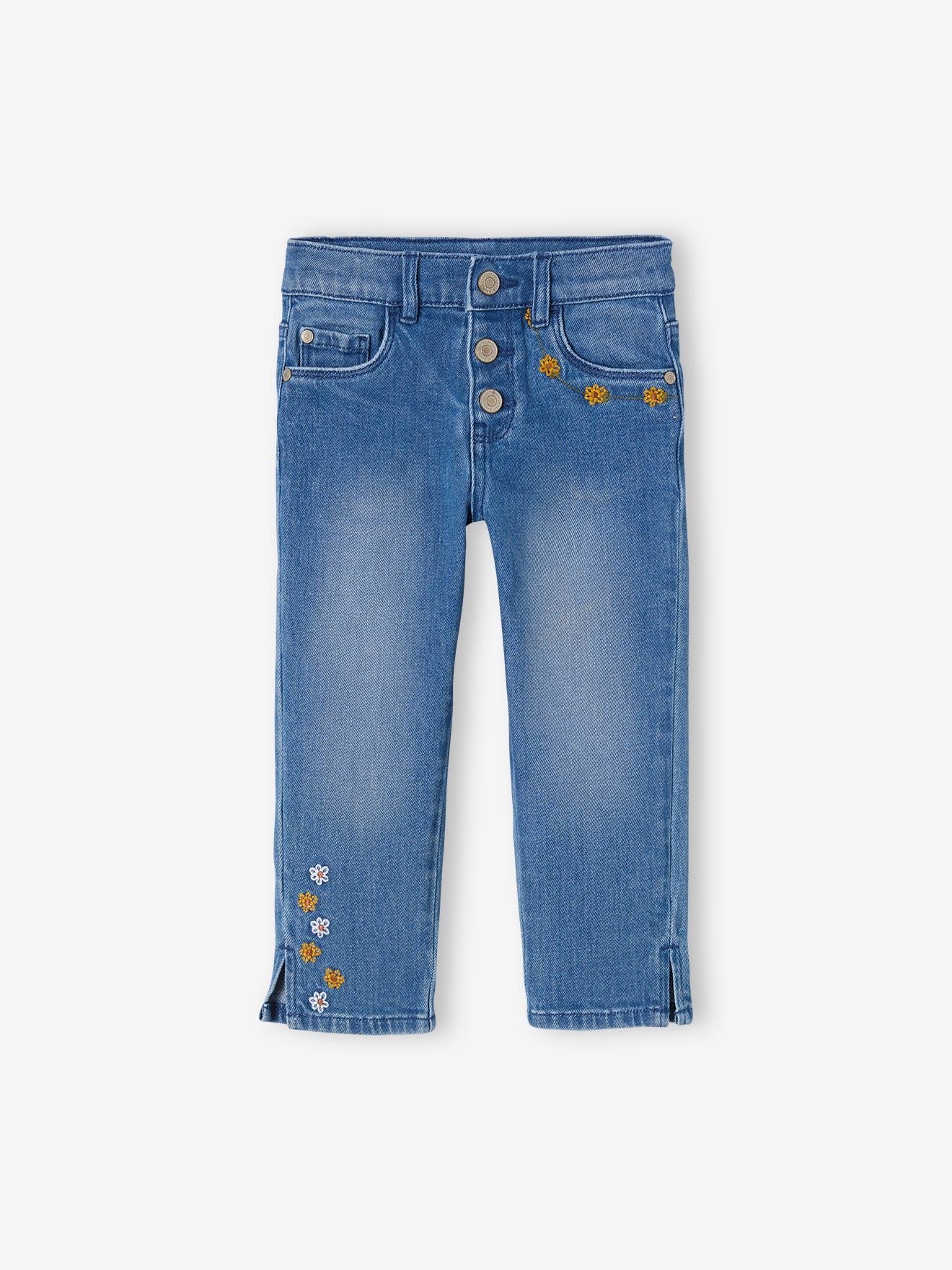Pantacourt denim brodé fleurs fille stone