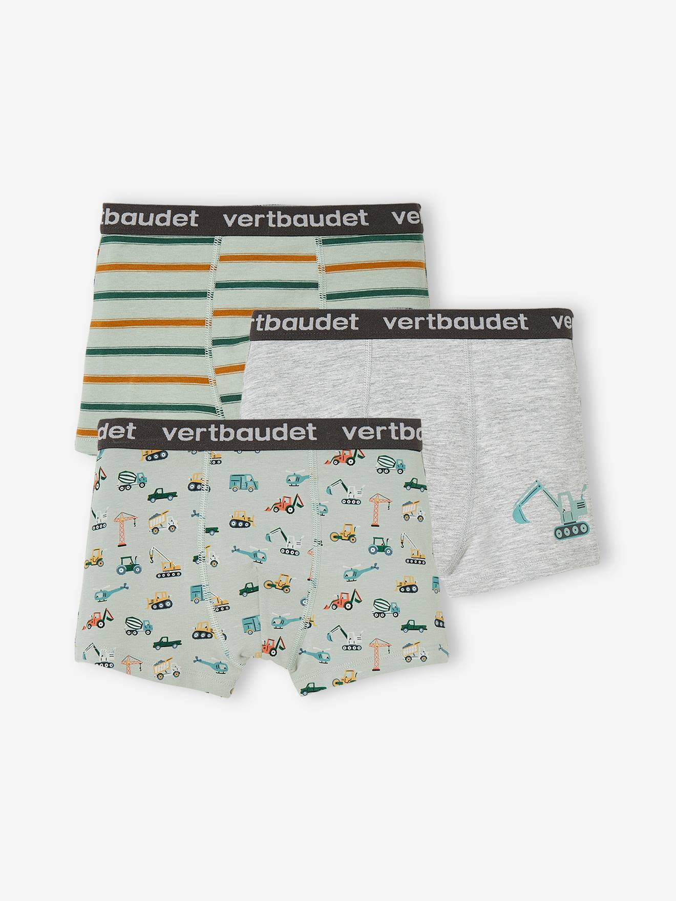 Lot de 3 boxers stretch tractopelle garçon vert sauge