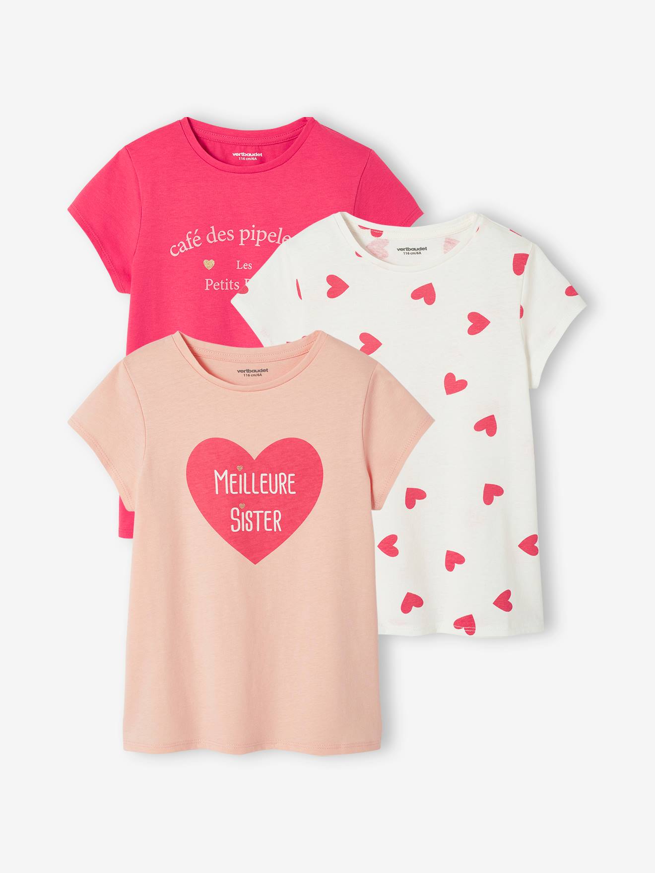 Lot de 3 t-shirts Basics détails irisés fille framboise
