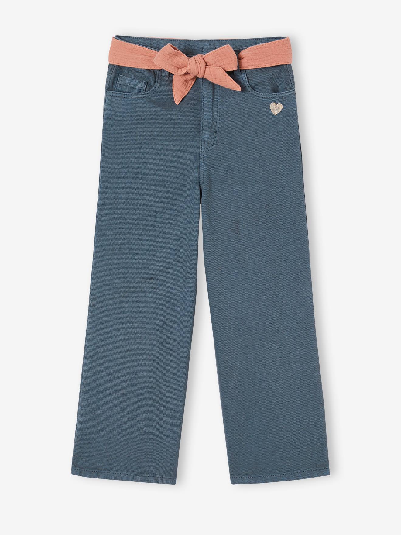 Pantalon évasé fille avec ceinture en gaze de coton encre