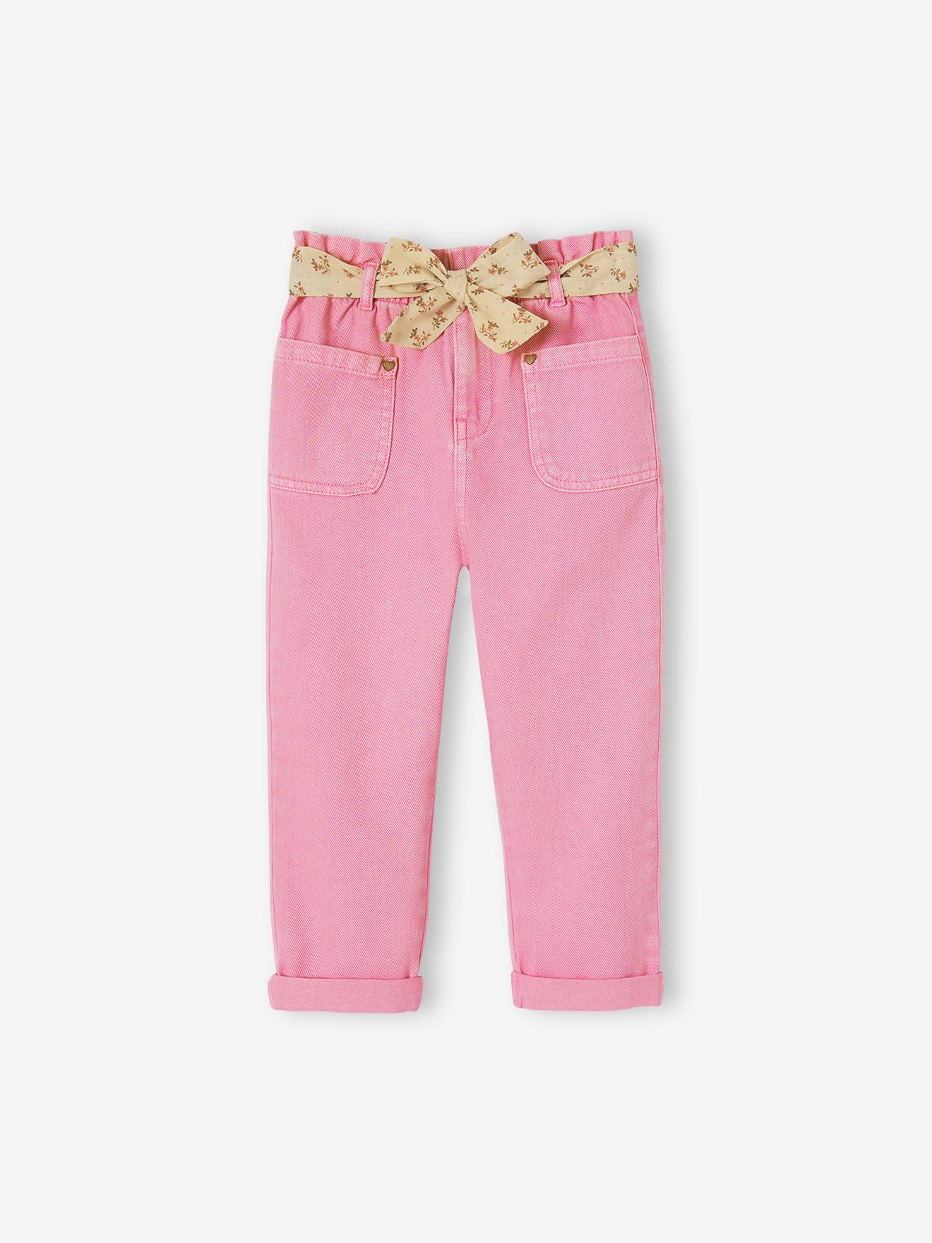 Pantacourt paperbag fille à ceinture fleurie rose