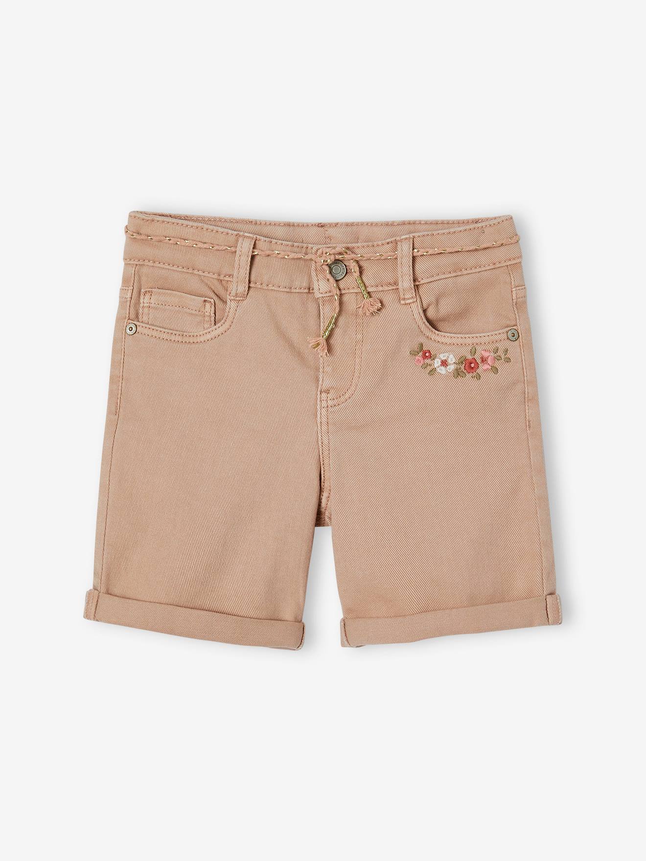 Bermuda brodé fleurs fille rose poudré