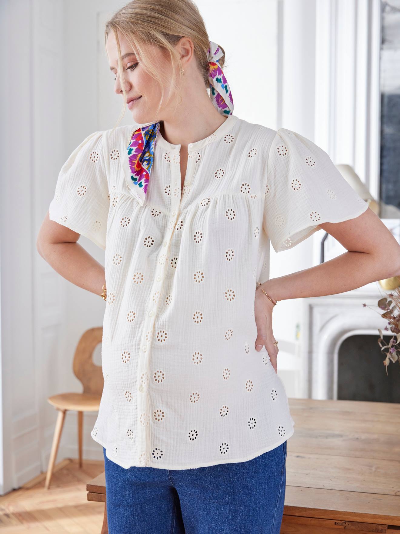 Blouse gaze de coton brodé grossesse et allaitement écru