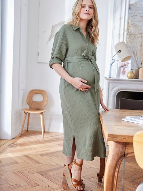Robe-chemise longue gaze de coton grossesse et allaitement beige+marine+olive 16 - vertbaudet enfant 