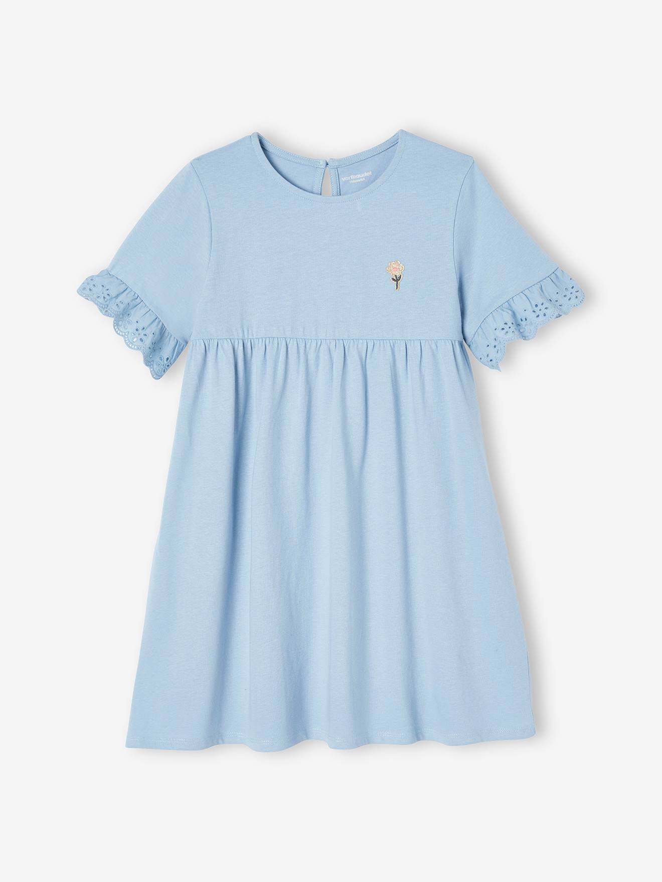 Robe manches courtes en broderie anglaise fille bleu grisé