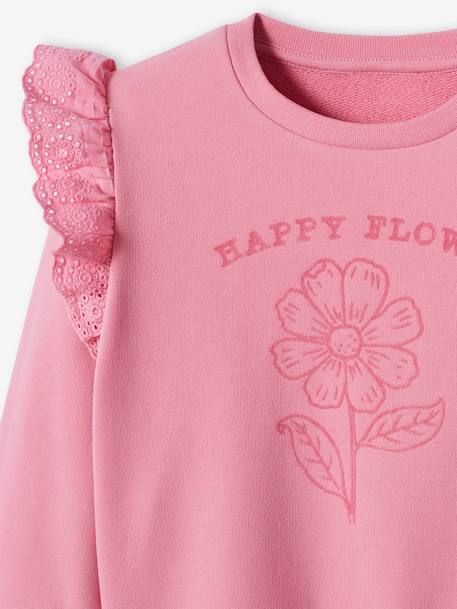 Sweat motif fleur flocké fille volants en broderie anglaise rose bonbon 6 - vertbaudet enfant 