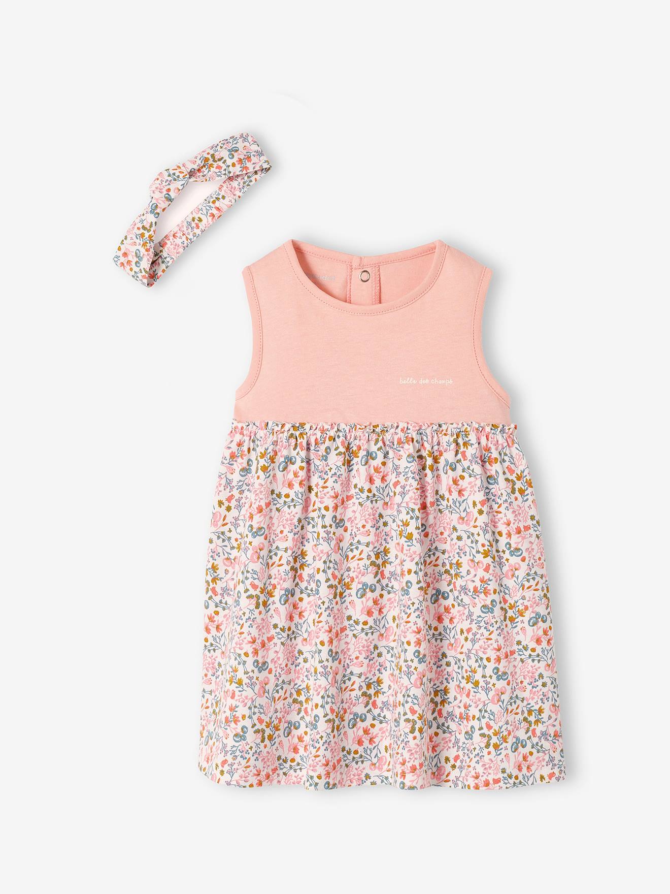 Robe bébé naissance et bandeau assorti rose poudré