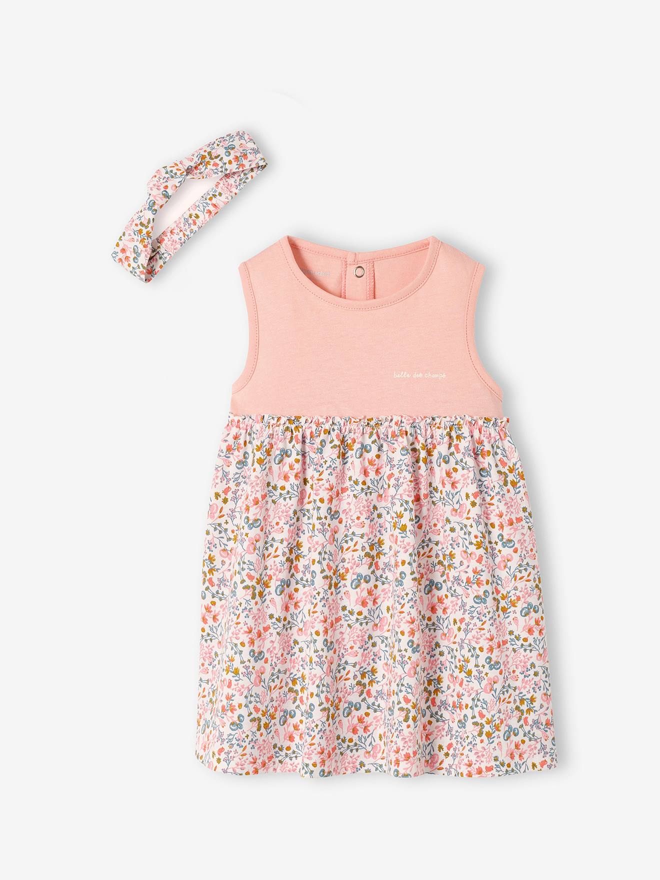 Robe et bandeau assorti bébé fille rose poudré