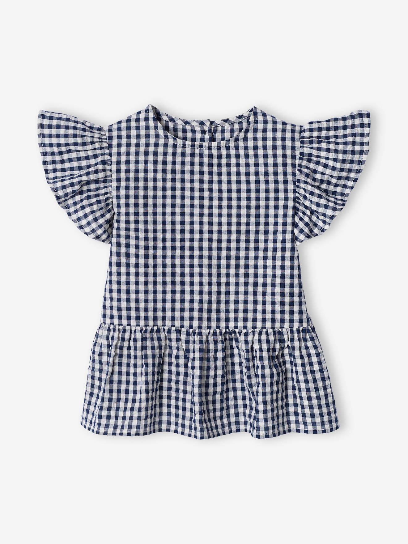 Blouse volantée à carreaux vichy fille carreaux marine