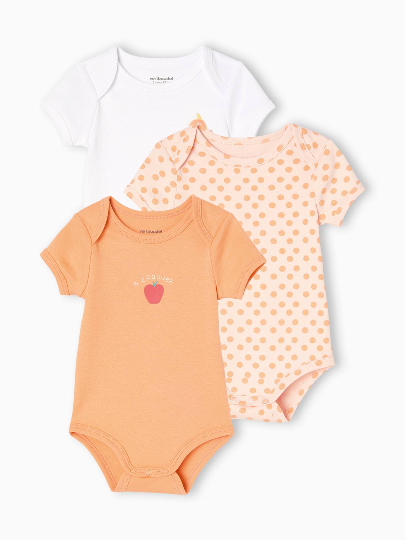 Lot de 3 bodies manches courtes bébé emmanchure américaine abricot poudré