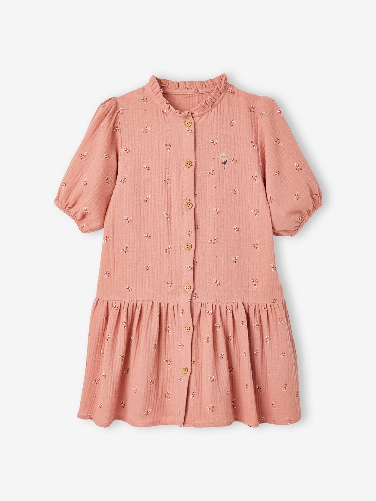 Robe boutonnée en gaze de coton fille manches 3/4 blush