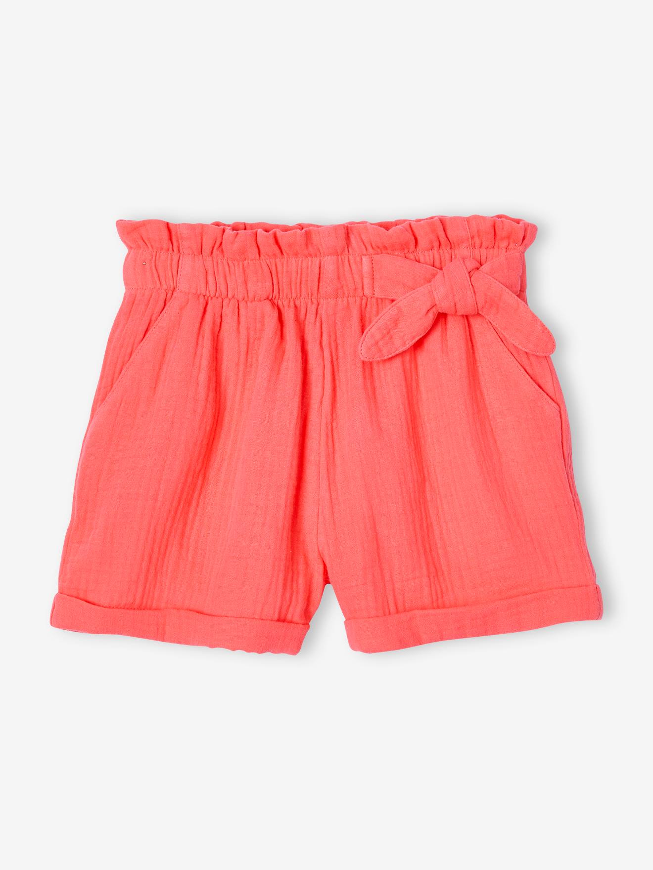 Short en gaze de coton style paperbag fille corail
