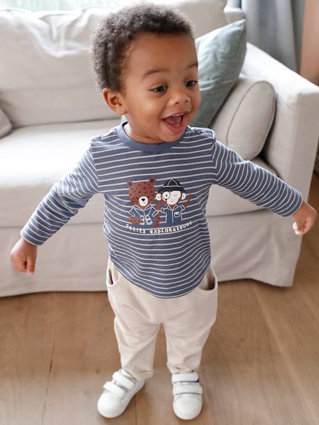 Ensemble T-shirt et pantalon molleton bébé indigo+rayé / caramel 1 - vertbaudet enfant 