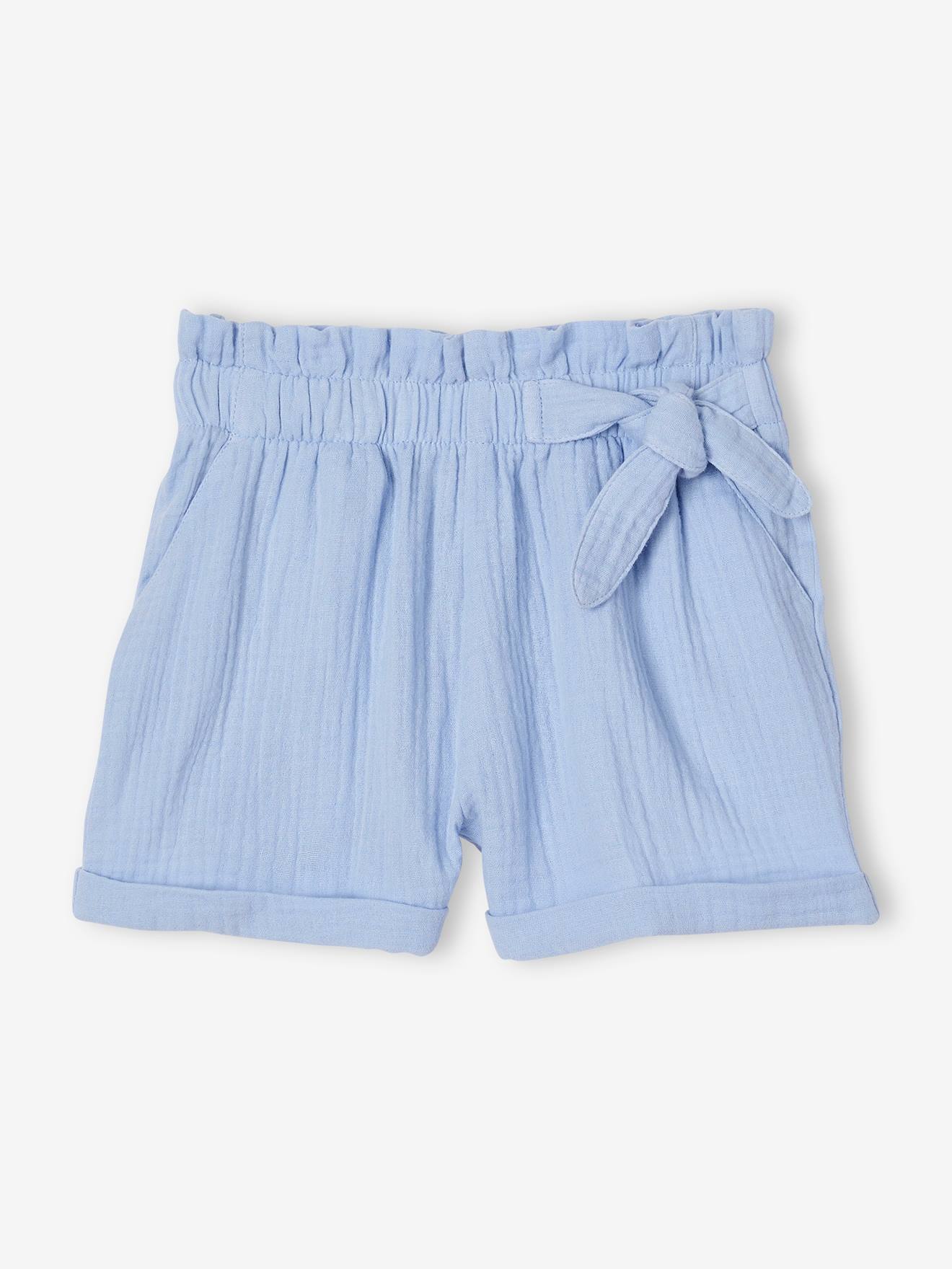 Short en gaze de coton style paperbag fille bleu pâle