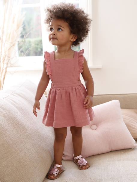 Vertbaudet - Robe bébé en gaze de coton bretelles à volants vieux rose