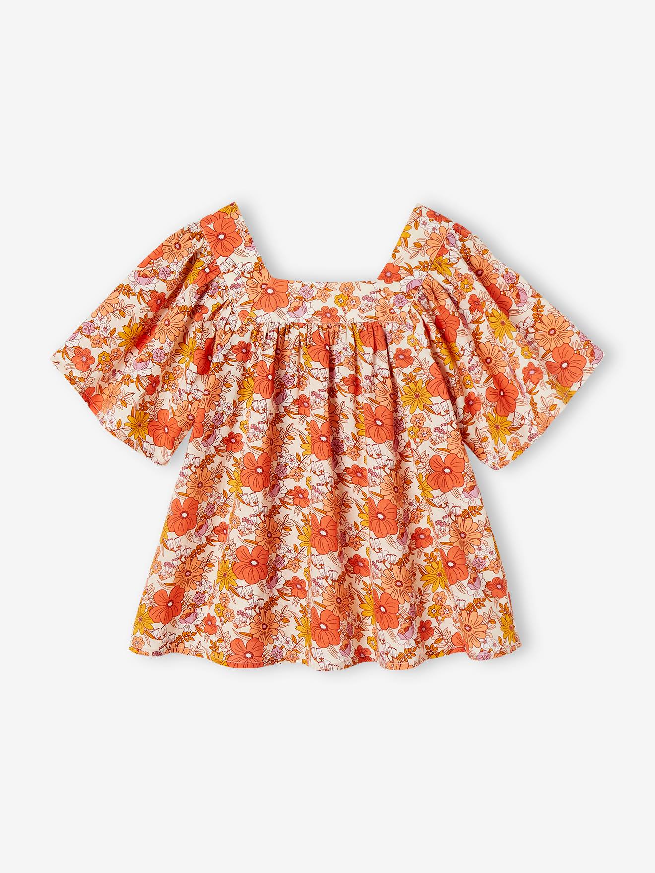 Blouse à fleurs fille manches papillon rose nude