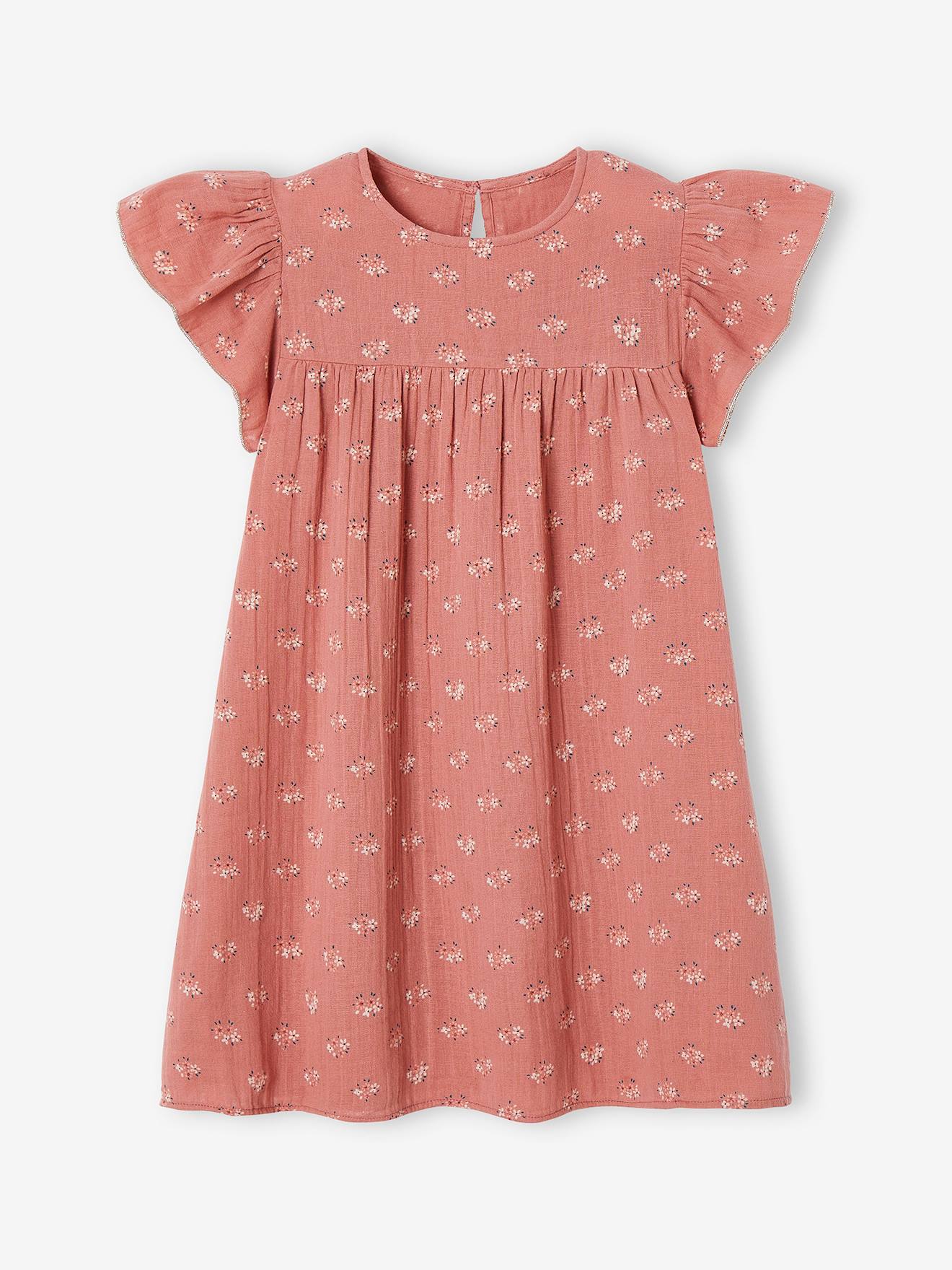 Robe fille en gaze de coton imprimée manches papillon tomette