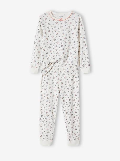 Vêtements bébé et enfants à personnaliser-Fille-Pyjama fille personnalisable en maille côtelée avec imprimé fleuri