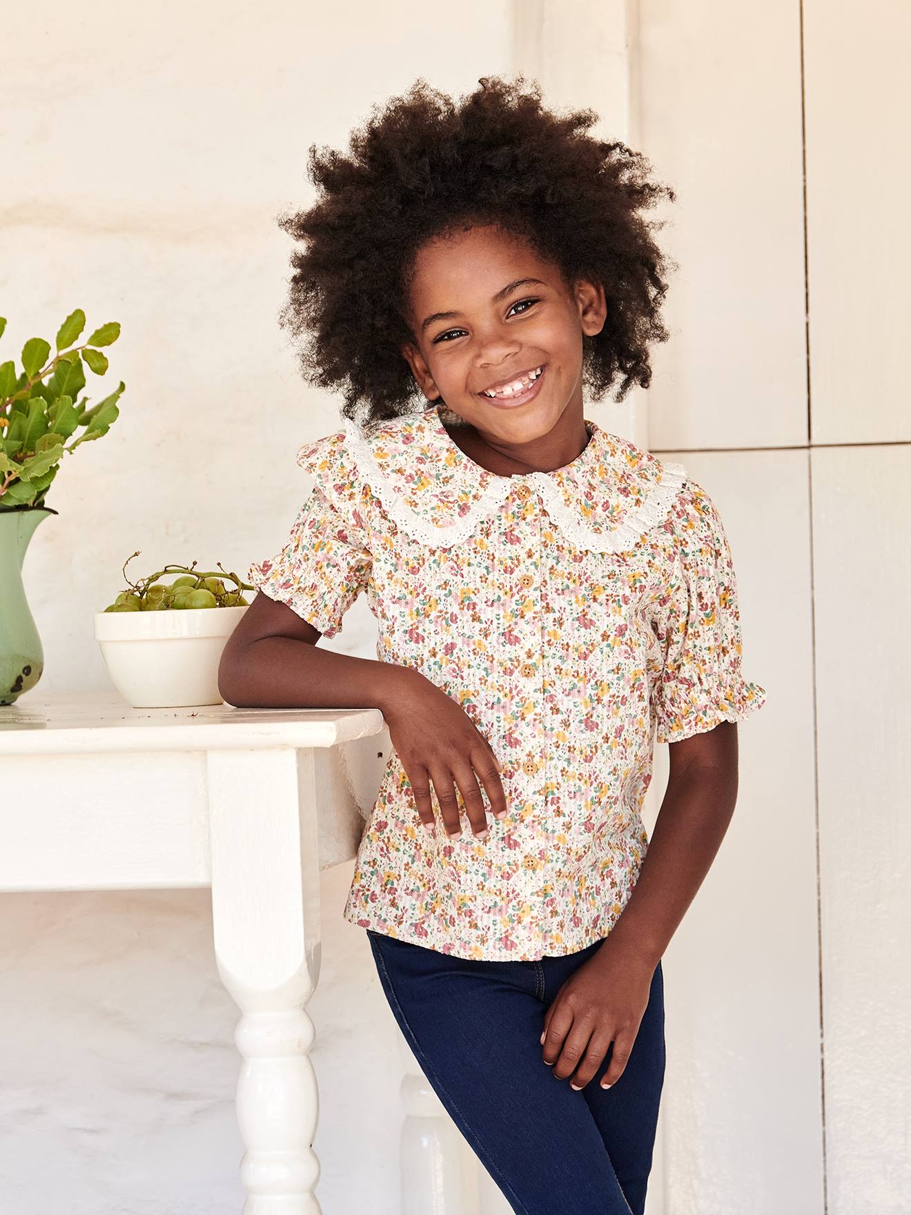 Chemise à fleurs col claudine fille manches courtes écru